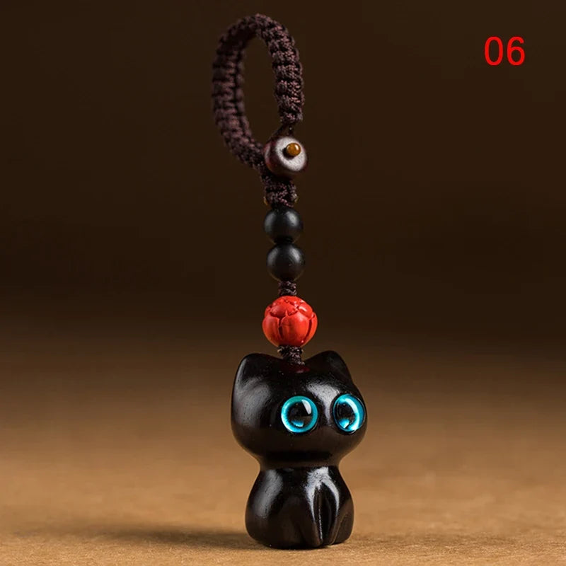Retro Wooden Cat Keychain Hand Carved Cute Kitty Bag Pendant Charm Tassel Gift Or Women Girl Couple Fashion Jewelry Accessories