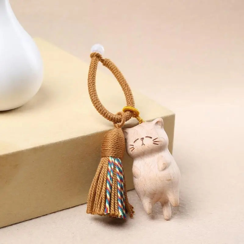 Retro Wooden Cat Keychain Hand Carved Cute Kitty Bag Pendant Charm Tassel Gift Or Women Girl Couple Fashion Jewelry Accessories