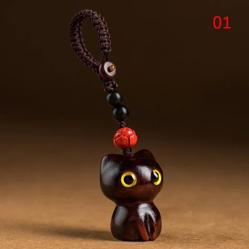 Retro Wooden Cat Keychain Hand Carved Cute Kitty Bag Pendant Charm Tassel Gift Or Women Girl Couple Fashion Jewelry Accessories