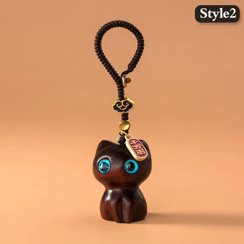 Retro Wooden Cat Keychain Hand Carved Cute Kitty Bag Pendant Charm Tassel Gift Or Women Girl Couple Fashion Jewelry Accessories