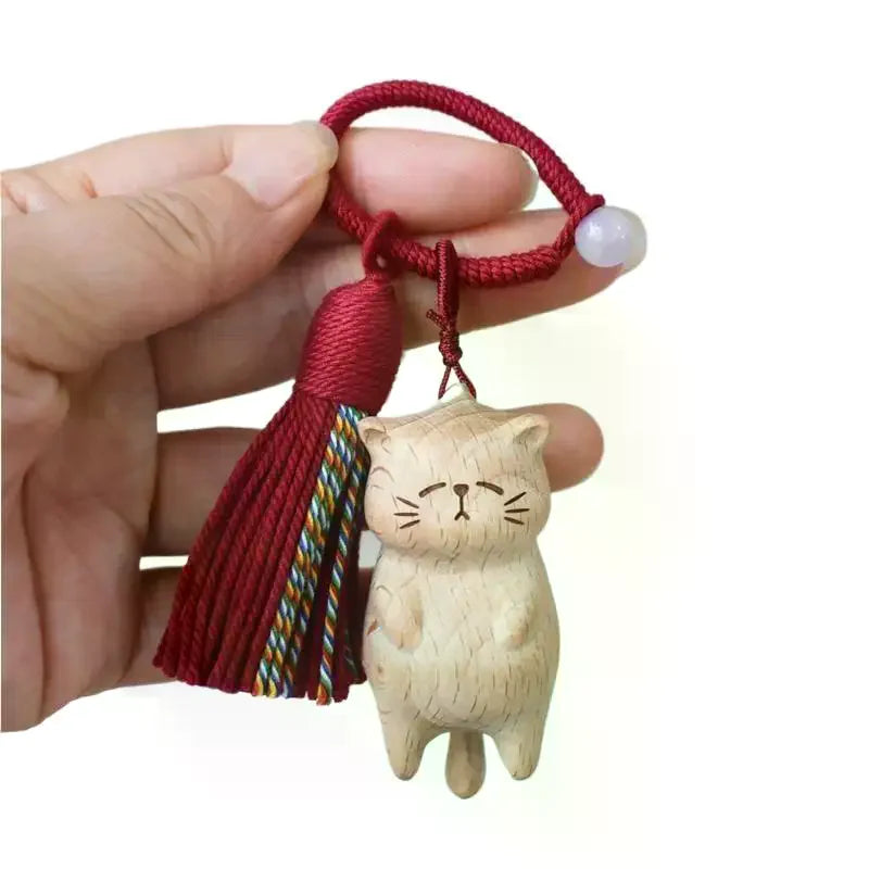 Retro Wooden Cat Keychain Hand Carved Cute Kitty Bag Pendant Charm Tassel Gift Or Women Girl Couple Fashion Jewelry Accessories
