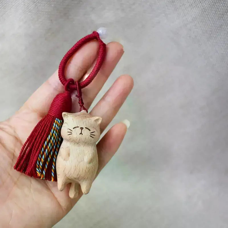 Retro Wooden Cat Keychain Hand Carved Cute Kitty Bag Pendant Charm Tassel Gift Or Women Girl Couple Fashion Jewelry Accessories