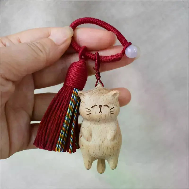 Retro Wooden Cat Keychain Hand Carved Cute Kitty Bag Pendant Charm Tassel Gift Or Women Girl Couple Fashion Jewelry Accessories