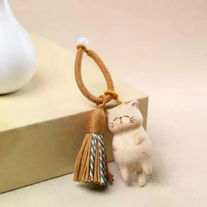 Retro Wooden Cat Keychain Hand Carved Cute Kitty Bag Pendant Charm Tassel Gift Or Women Girl Couple Fashion Jewelry Accessories